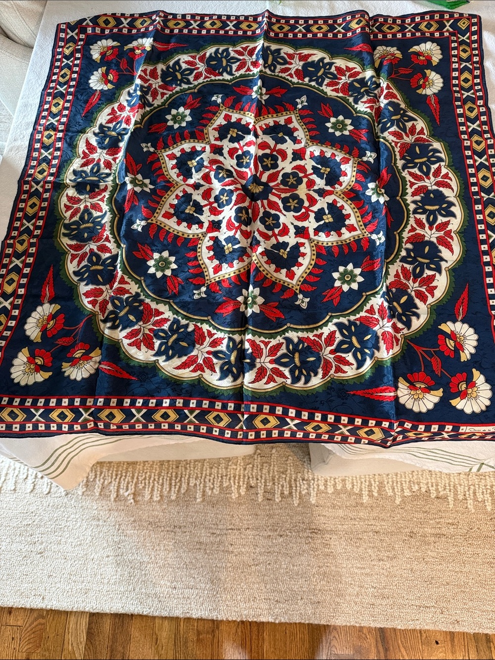 Vintage Oscar de la Renta Floral Medallion Navy Square Scarf
